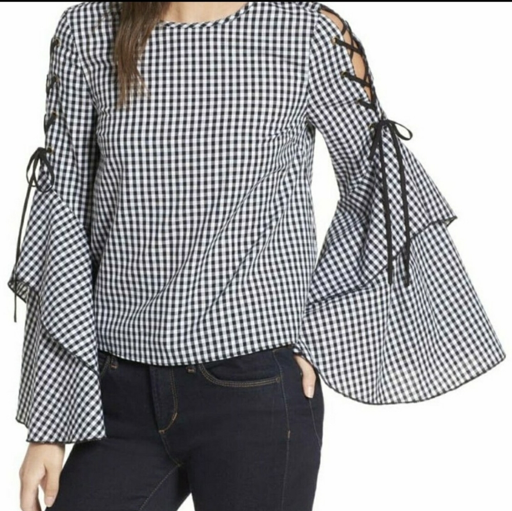 Storee Ruffle Sleeve Black & White Gingham Blouse